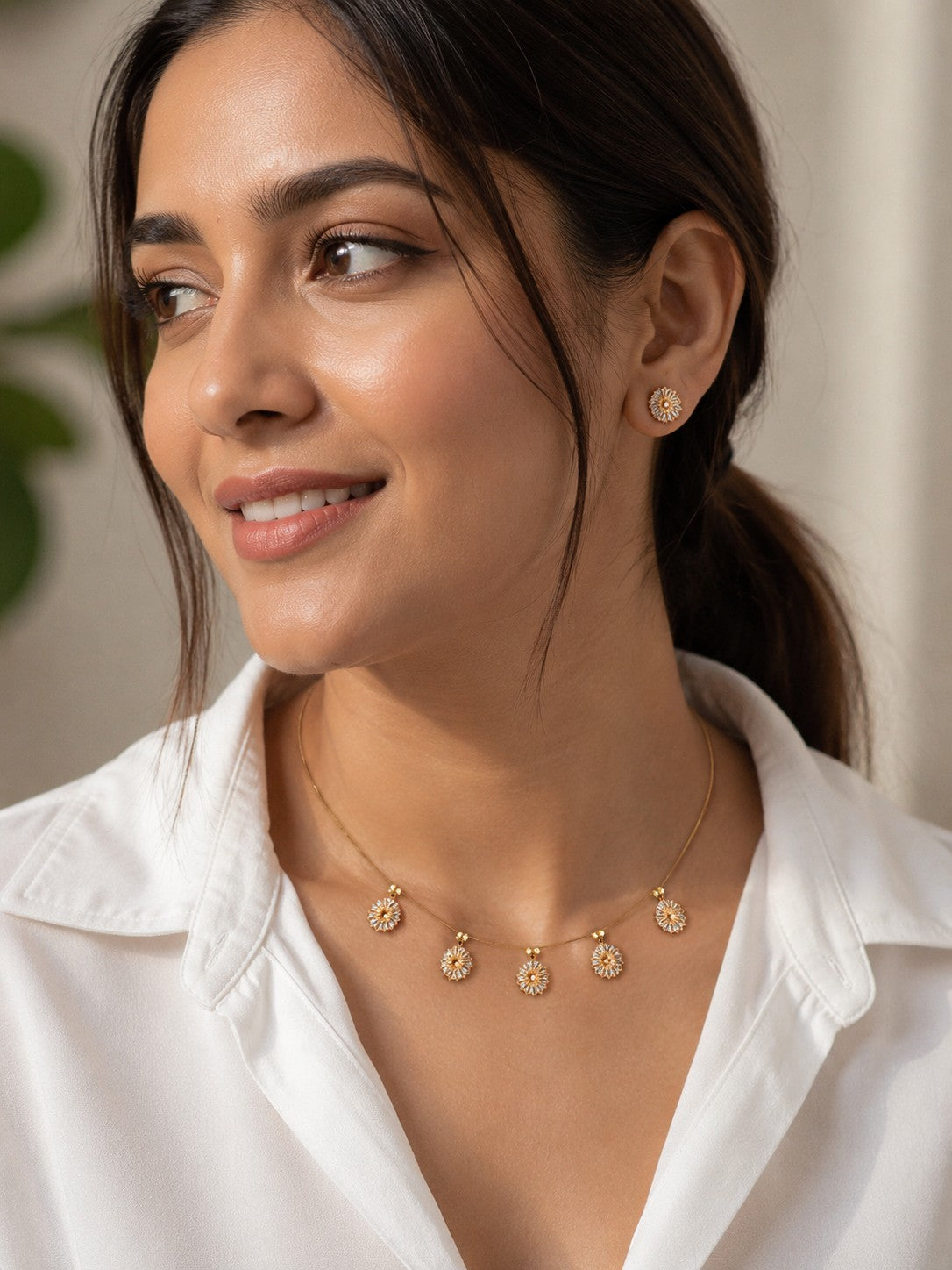 Cubic Zirconia Studded Jewellery Set: Gold-Toned Necklace & Earrings | Brass-Plated Lobster Clasp