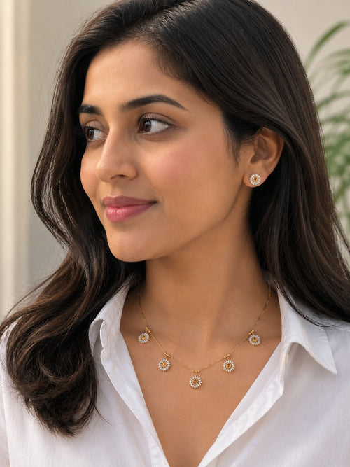 Cubic Zirconia Studded Jewellery Set: Gold-Toned Necklace & Earrings | Brass-Plated Lobster Clasp