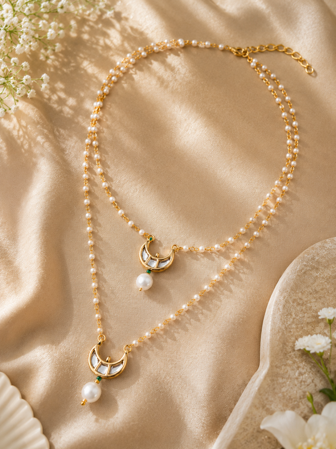 Gold-Plated Kundan Studded Crescent Moon Charms Layered Collor Pearl Necklace