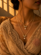 Gold-Plated Kundan Studded Crescent Moon Charms Layered Collor Pearl Necklace