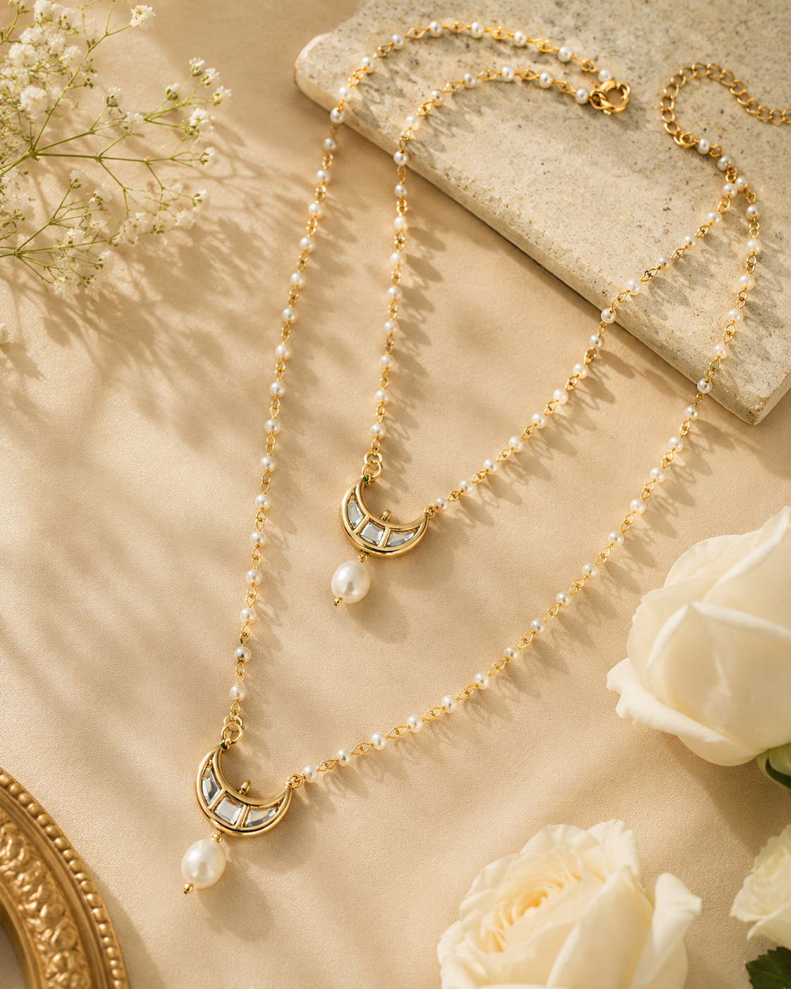 Gold-Plated Kundan Studded Crescent Moon Charms Layered Collor Pearl Necklace