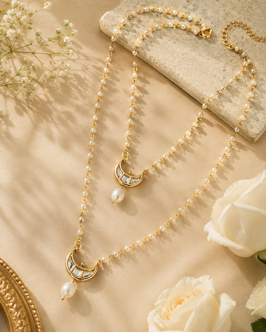 Gold-Plated Kundan Studded Crescent Moon Charms Layered Collor Pearl Necklace
