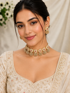 Brass-Plated Kundan Studded & Pearls Beaded Choker Wedding Jewellery Set