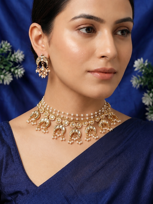 Sanjog Grand Gold Plated Multi-Layer Kundan Choker Necklace Set with Chaandbali Motifs & Pearl Drops