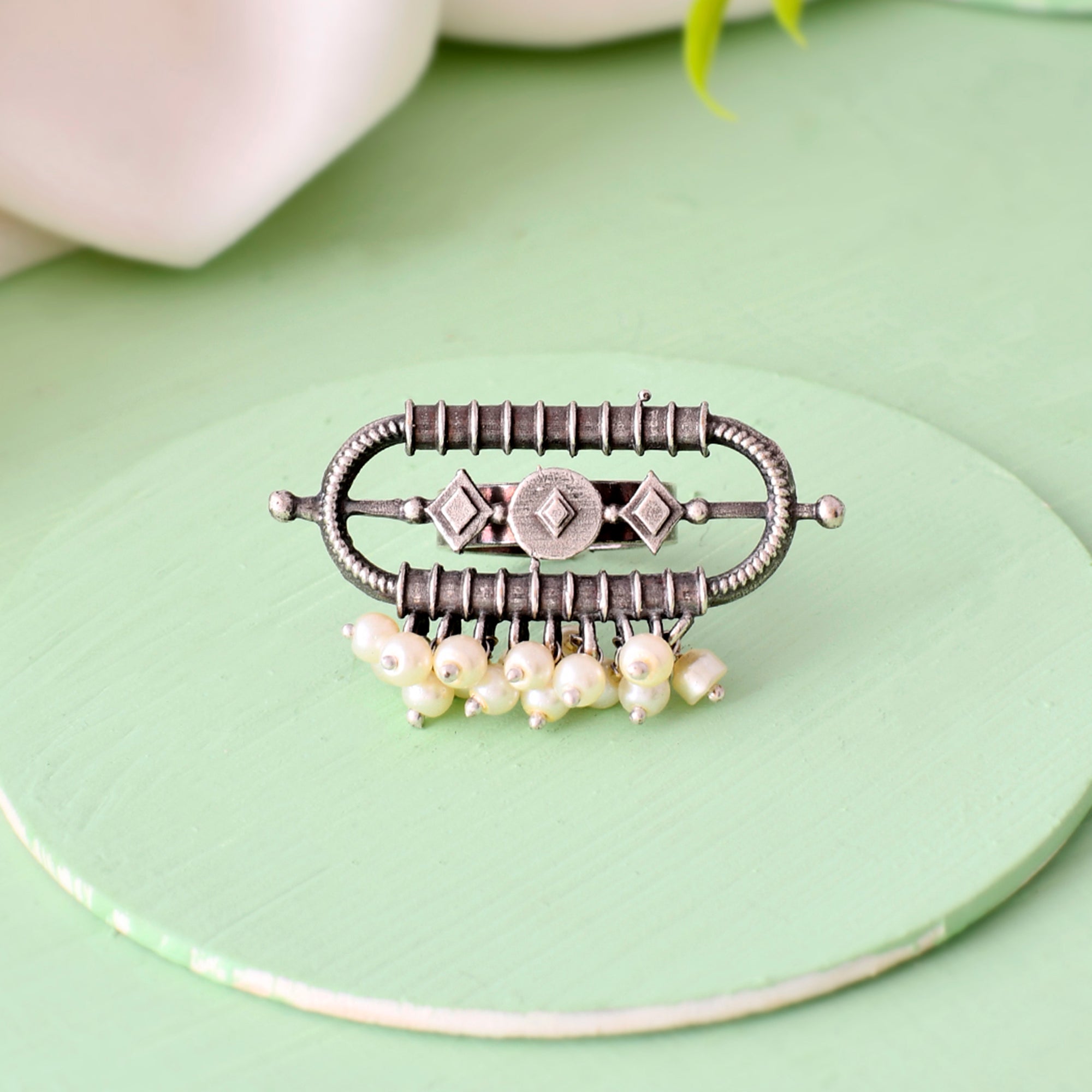 Silver-Plated Pearl Studded Adjustable Oxidised Antique Finger Ring
