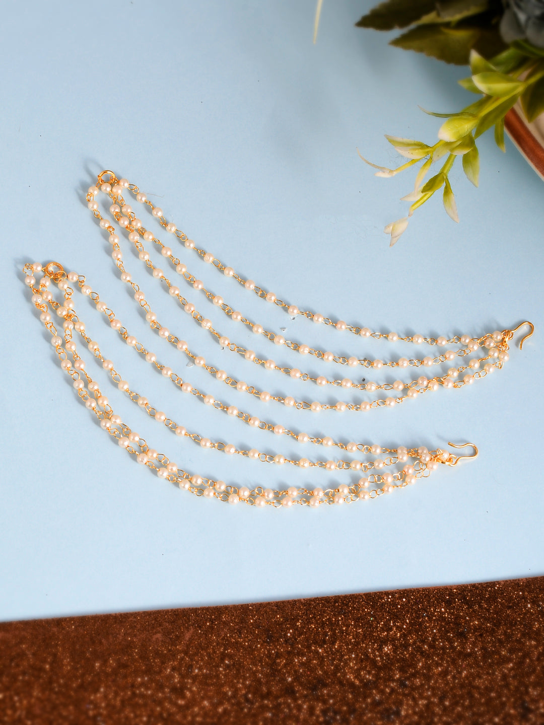 Gold-Plated Pearls Studded Classic Layered Ear Chain Ear Cuff