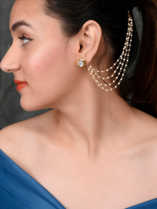 Gold-Plated Pearls Studded Classic Layered Ear Chain Ear Cuff