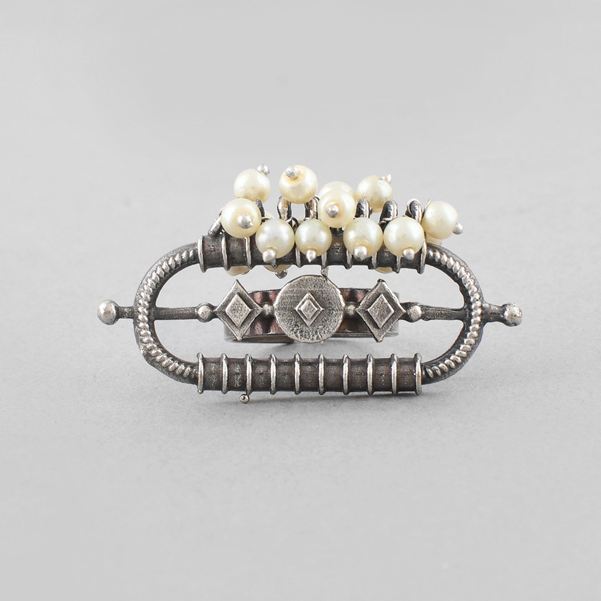 Silver-Plated Pearl Studded Adjustable Oxidised Antique Finger Ring
