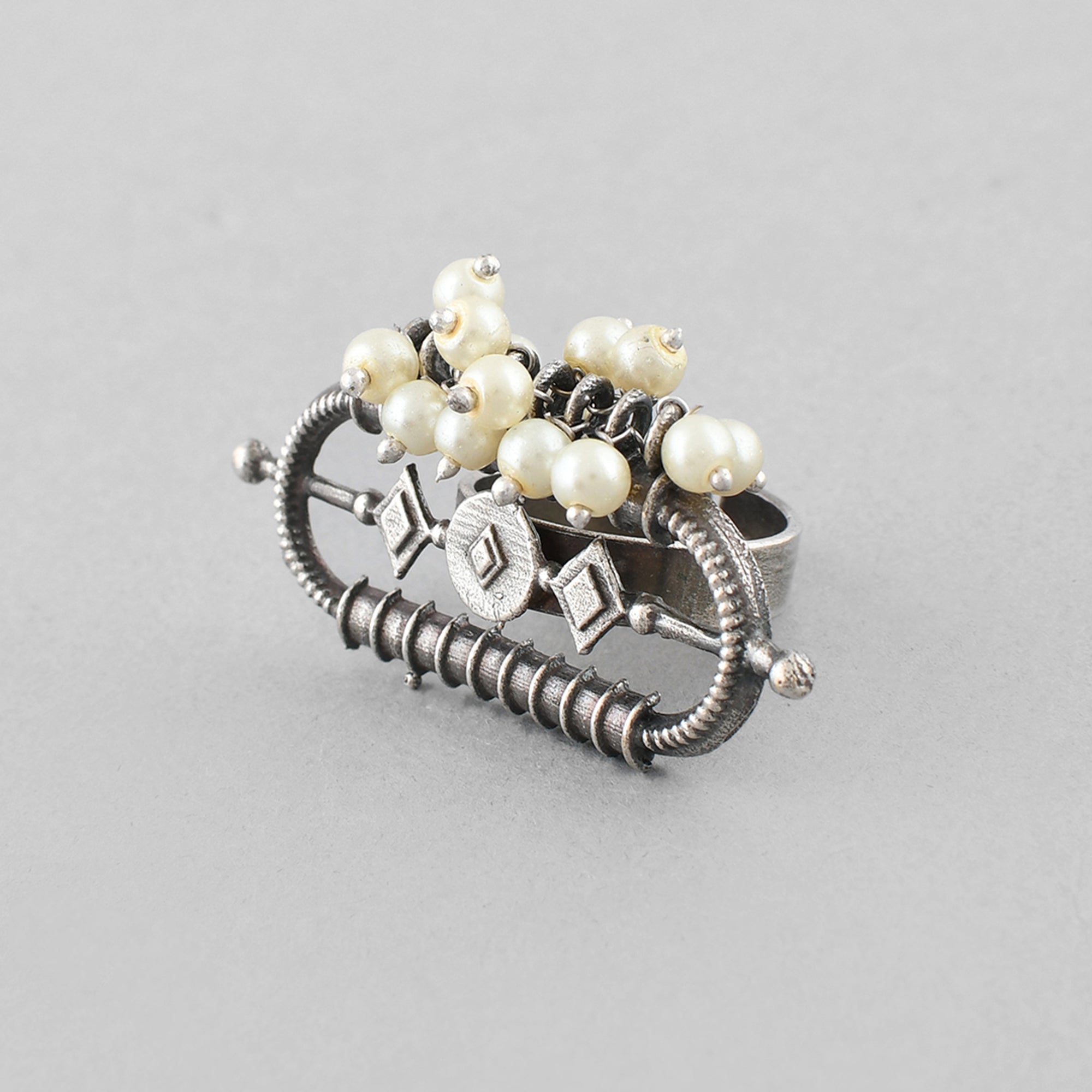 Silver-Plated Pearl Studded Adjustable Oxidised Antique Finger Ring