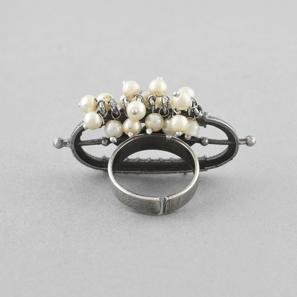 Silver-Plated Pearl Studded Adjustable Oxidised Antique Finger Ring