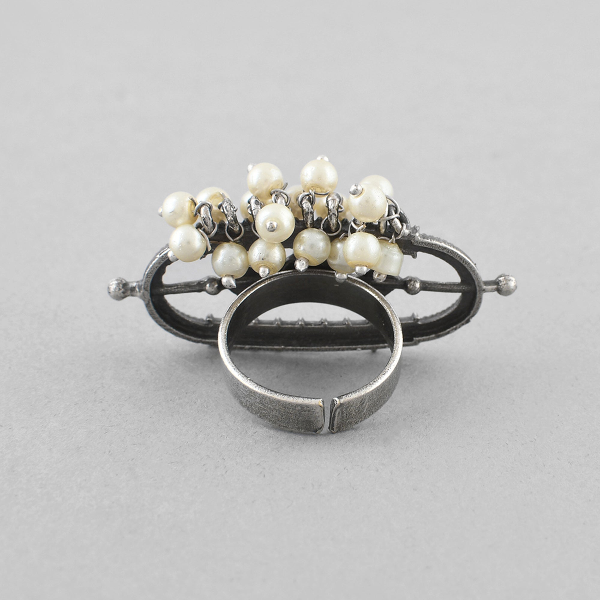 Silver-Plated Pearl Studded Adjustable Oxidised Antique Finger Ring
