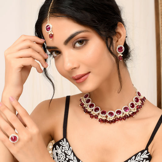 Gold-Plated CZ-Studded Necklace And Earrings With Maang Tika Finger Ring