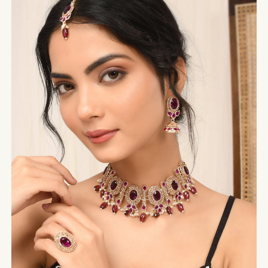 Gold-Plated CZ-Studded Necklace And Earrings With Maang Tika Finger Ring