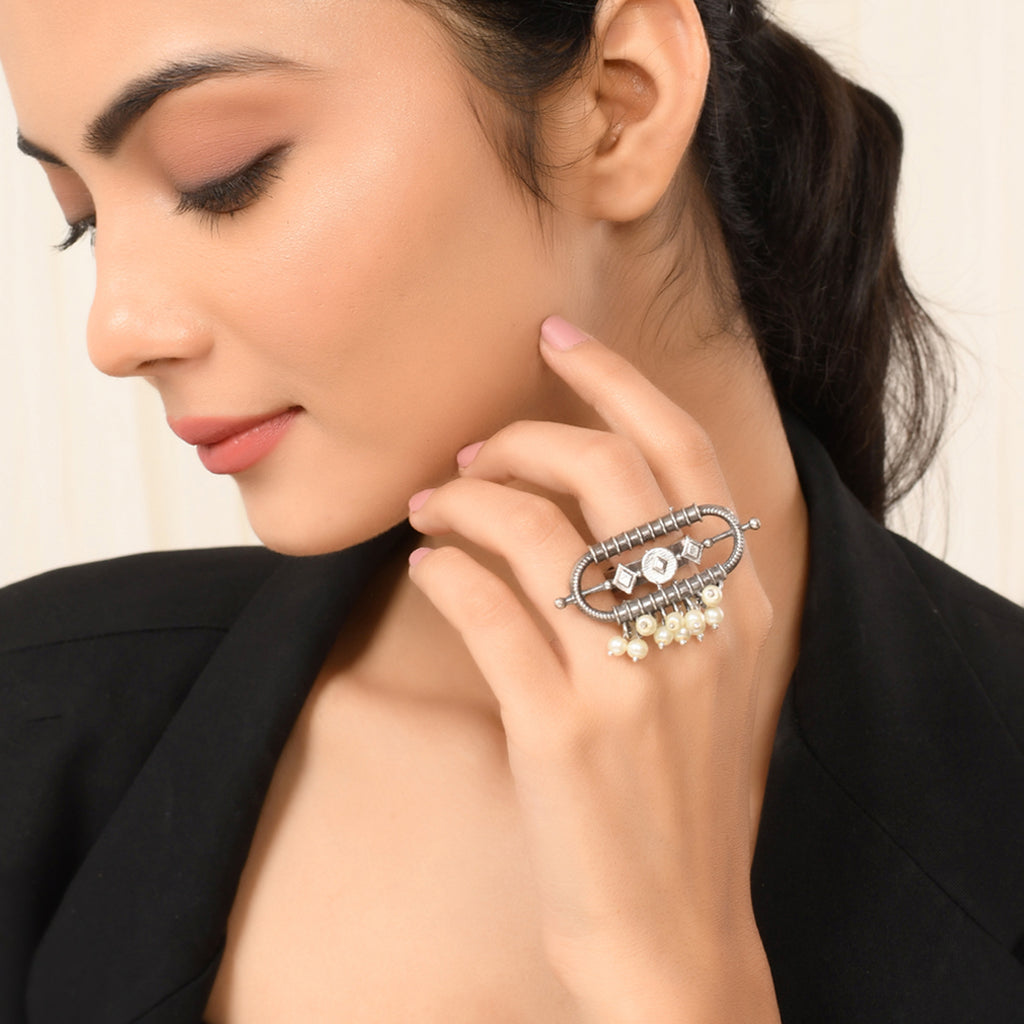 Silver-Plated Pearl Studded Adjustable Oxidised Antique Finger Ring