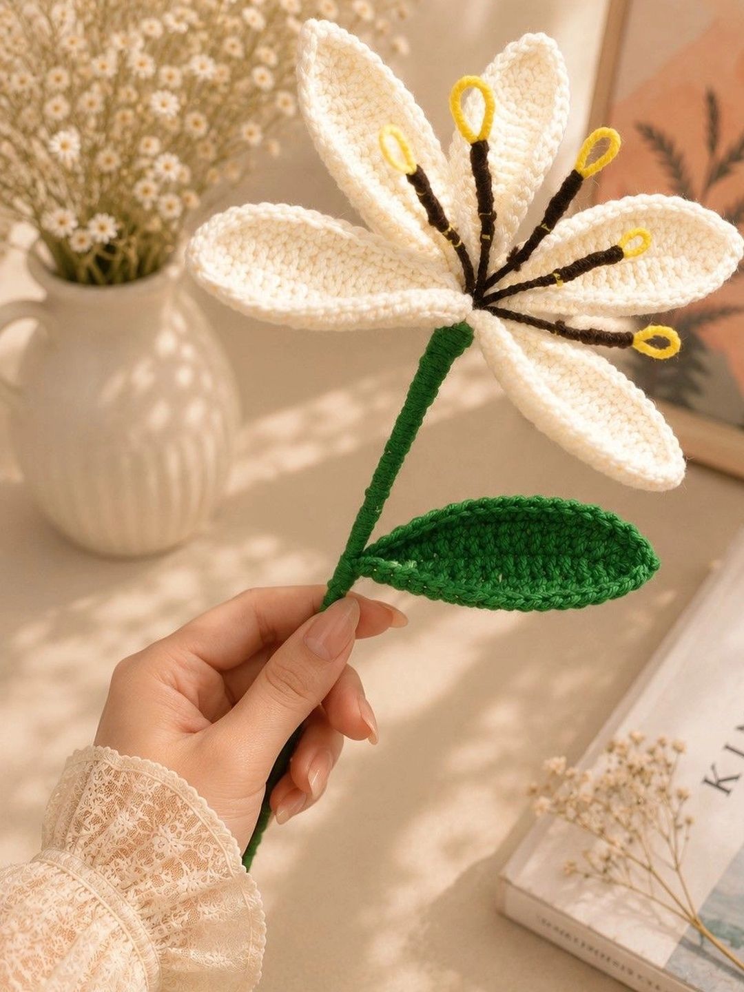 Handmade Crochet Lily Artificial Flower – White
