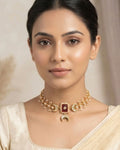 Sanjog Opulent Bridal Gold Plated Crescent Moon Kundan Choker Necklace Set with Faux Ruby Red Stones and Pearl Drops