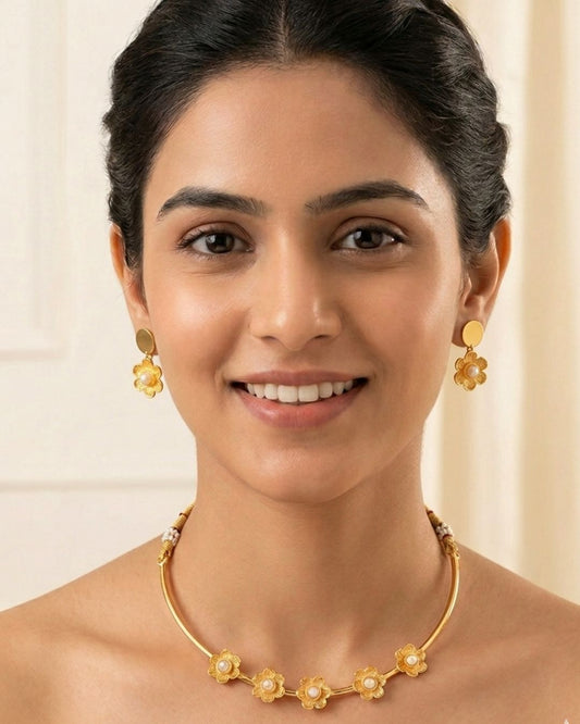 Gold-Plated Beaded Choker Set | Traditional Drop Earrings & Drawstring Closure