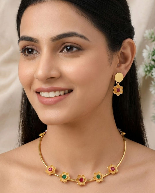 Gold-Plated Pink & Green Stone Choker Set | Studded Drop Earrings & Drawstring