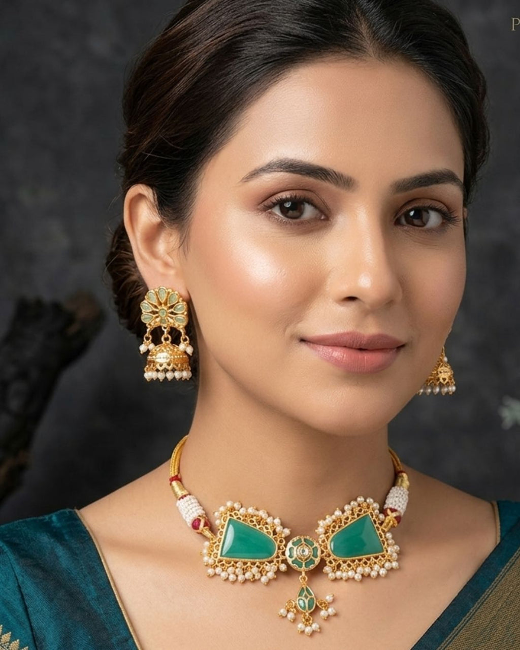 Gold-Plated Kundan & Pearl Beaded Choker Set with Jhumka Earrings