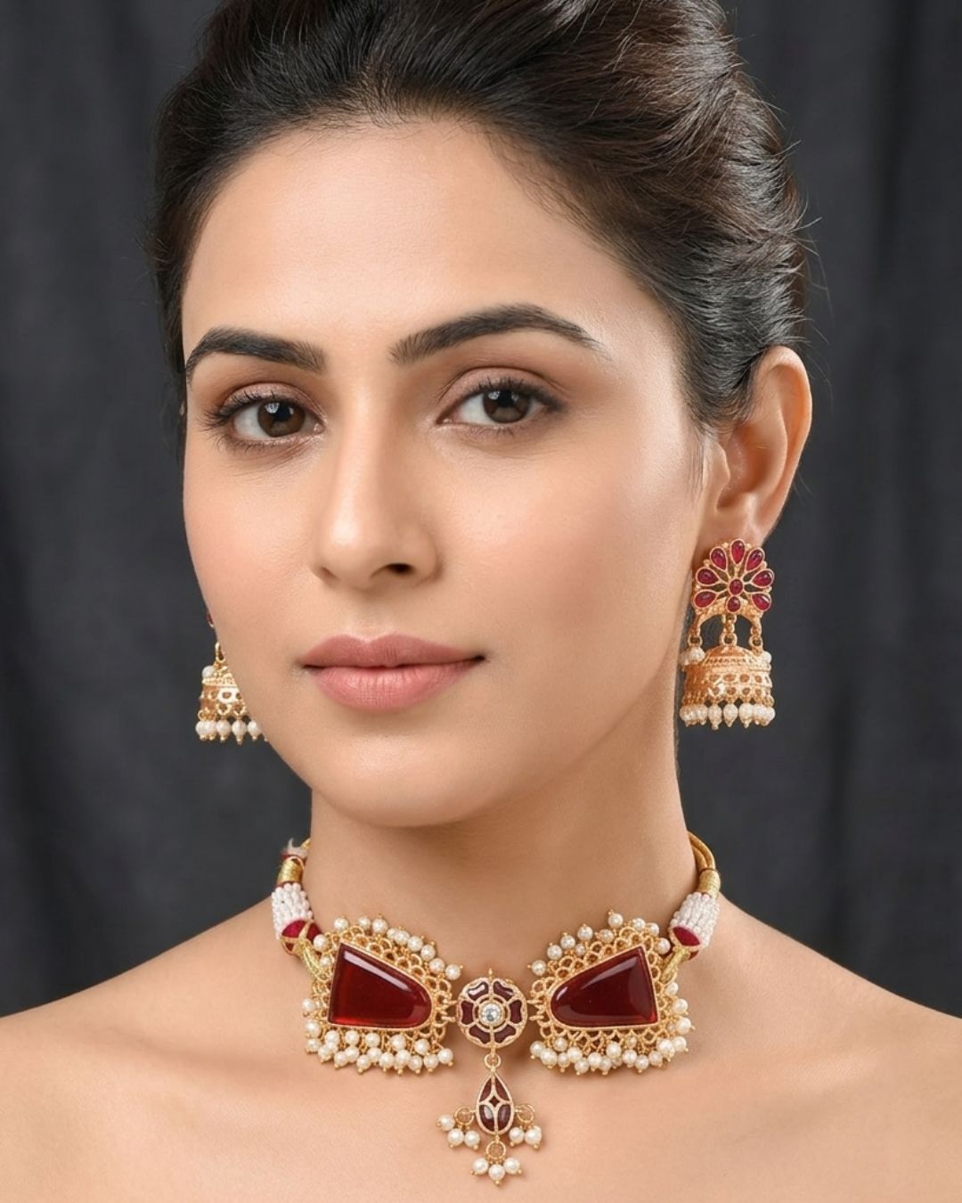 Gold-Plated Kundan & Pearl Beaded Choker Set with Jhumka Earrings
