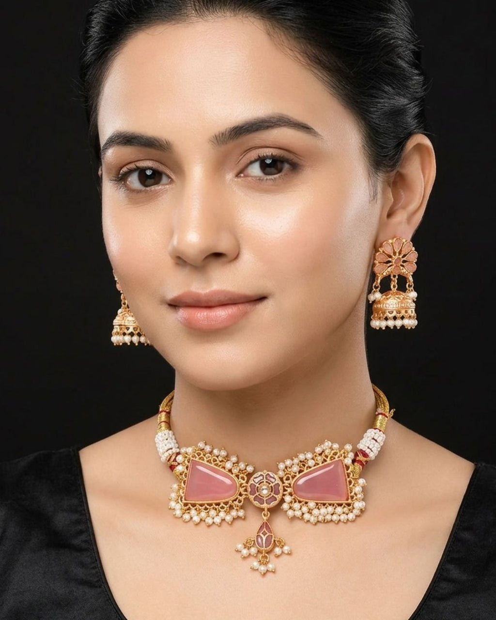 Gold-Plated Kundan & Pearl Beaded Choker Set with Jhumka Earrings