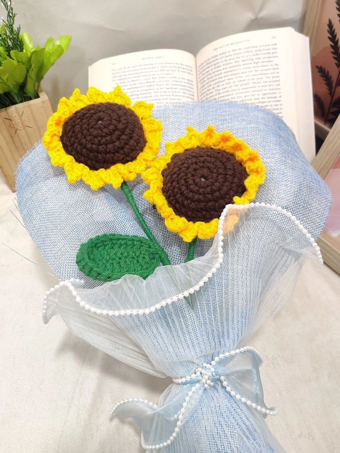 Handmade Crochet Sunflower Bouquet, Set of 2, with Pearl Ribbon Wrap – Yellow