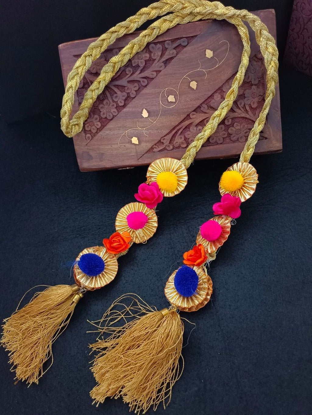 Lace & Gota Choti Paranda Ponytail Braid Holder – Gold & Multicolour Pom-Pom