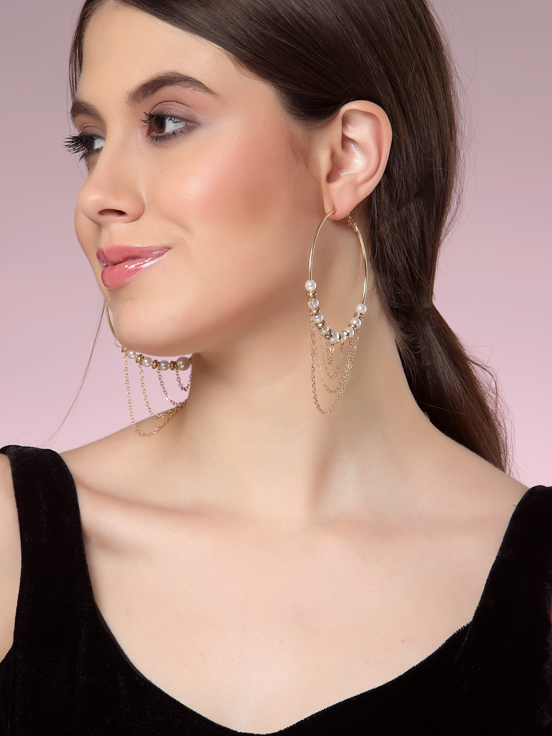 Gold-Toned Hoop Earrings with Pearls and Chain Details for Women – Elegant Statement Earrings for Parties, Weddings, and Special Occasions