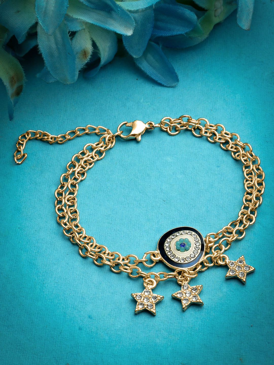Gold-Plated Evil Eye Charm Bracelet with Star Pendants