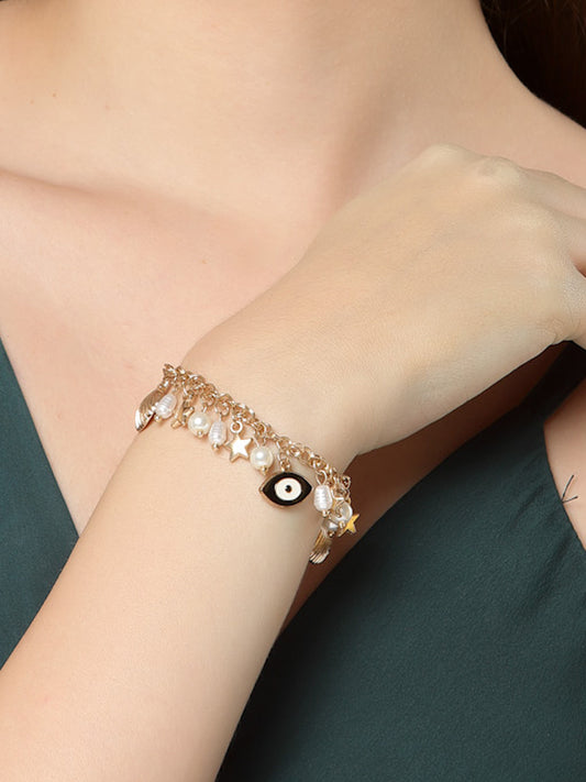 Gold-Plated Charm Bracelet with Faux Pearls and Trendy Evil Eye, Star, and Feather Charms