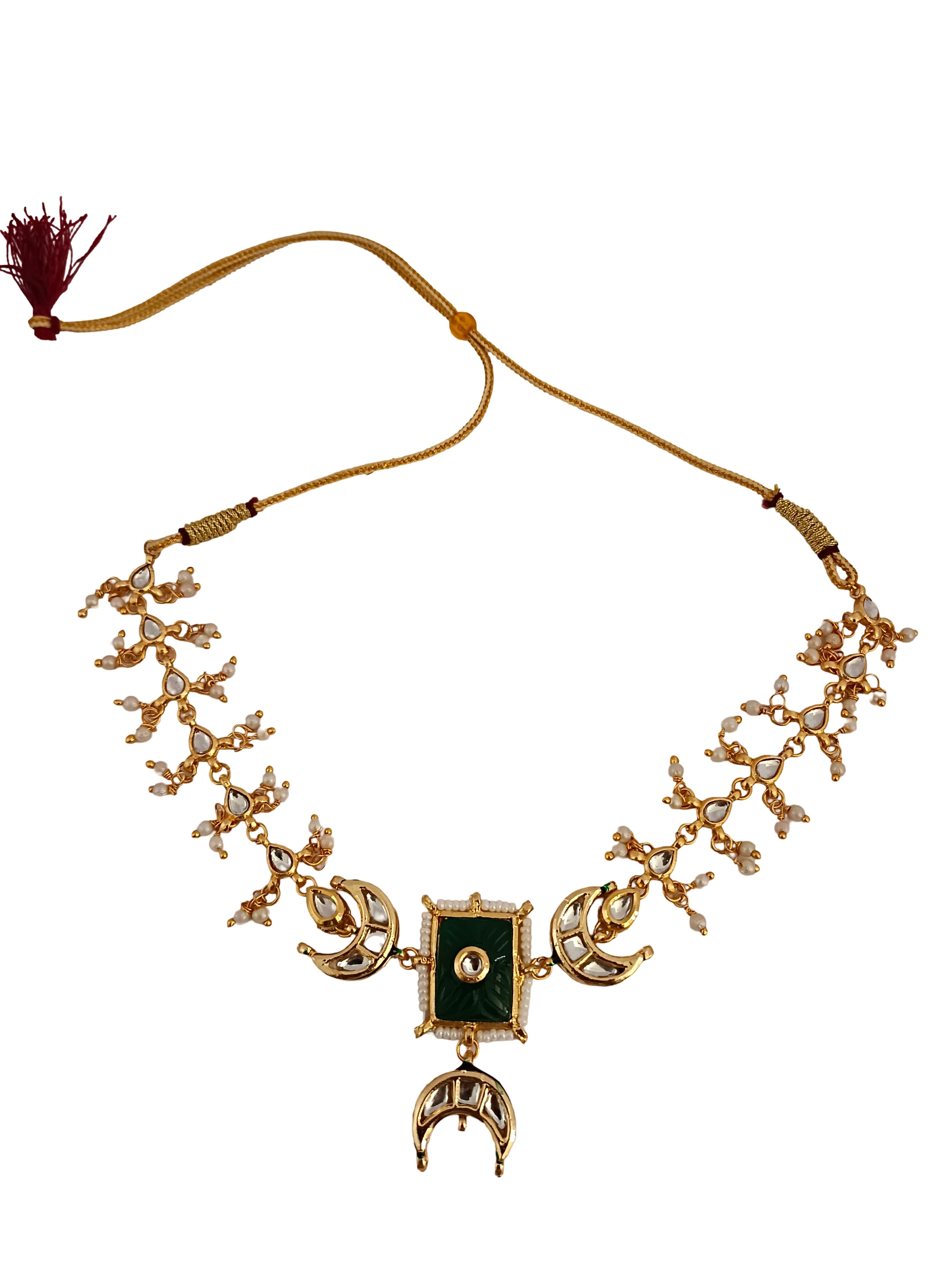 Sanjog Gold-Plated Kundan Crescent Moon Choker Necklace with Green Meenakari & Pearl Drops