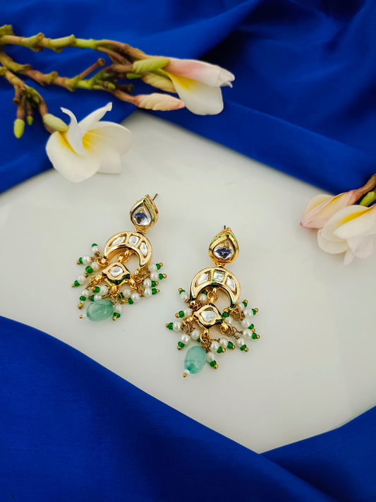 Sanjog Elegant Kundan Chandbali Drop Earrings with Faux Jade Stone and Pearl Clusters