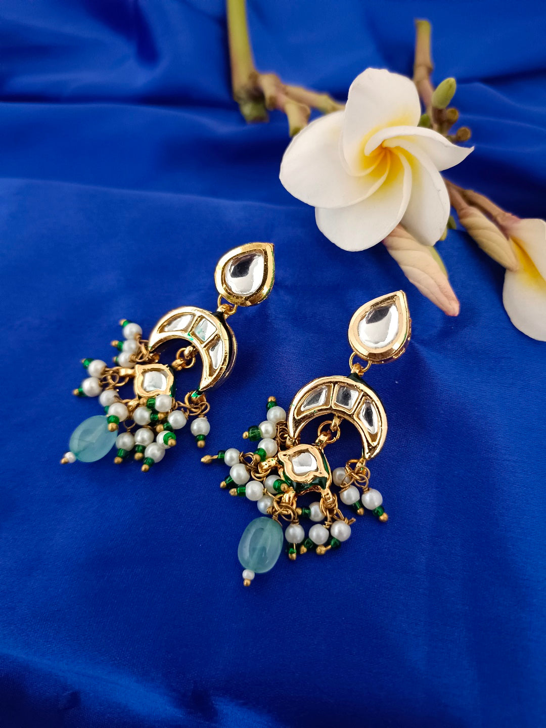 Sanjog Elegant Kundan Chandbali Drop Earrings with Faux Jade Stone and Pearl Clusters