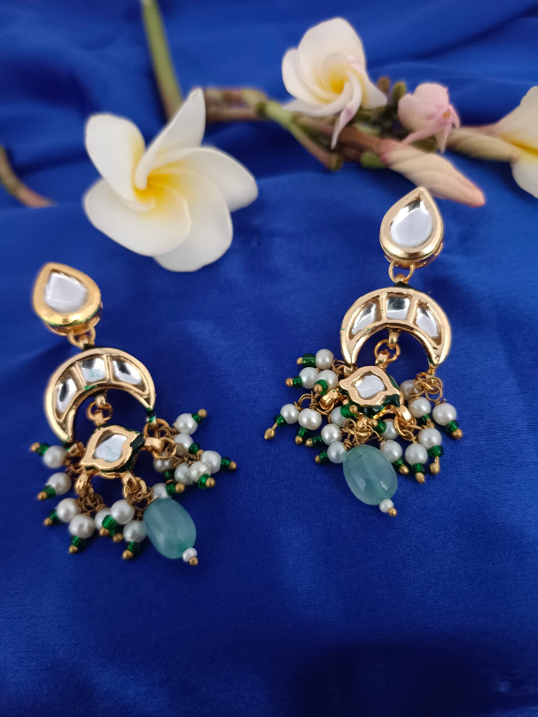 Sanjog Elegant Kundan Chandbali Drop Earrings with Faux Jade Stone and Pearl Clusters