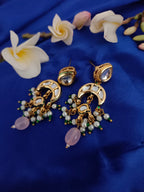 Sanjog Elegant Kundan Drop Earrings with Chandbali and Pink Rose Quartz Bead