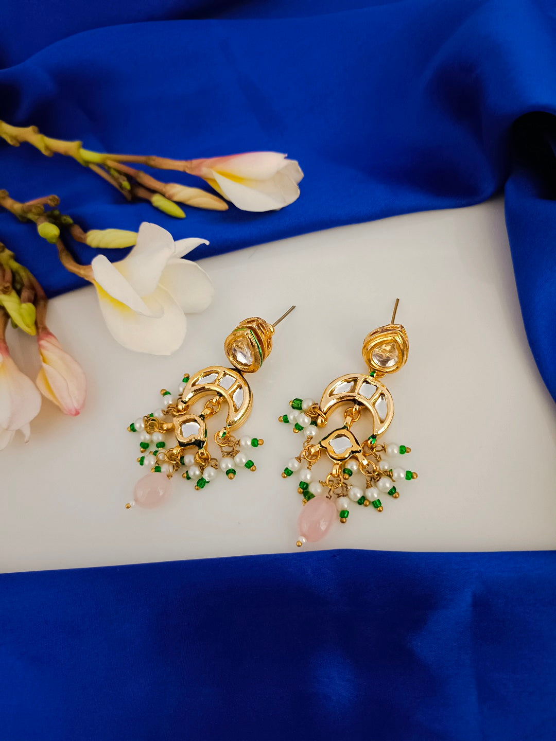 Sanjog Elegant Kundan Drop Earrings with Chandbali and Pink Rose Quartz Bead