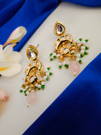 Sanjog Elegant Kundan Drop Earrings with Chandbali and Pink Rose Quartz Bead