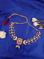 Sanjog Rajwadi Gold Plated Crescent Moon Kundan Choker Necklace with Pink Faux Stone and Pearl Drops