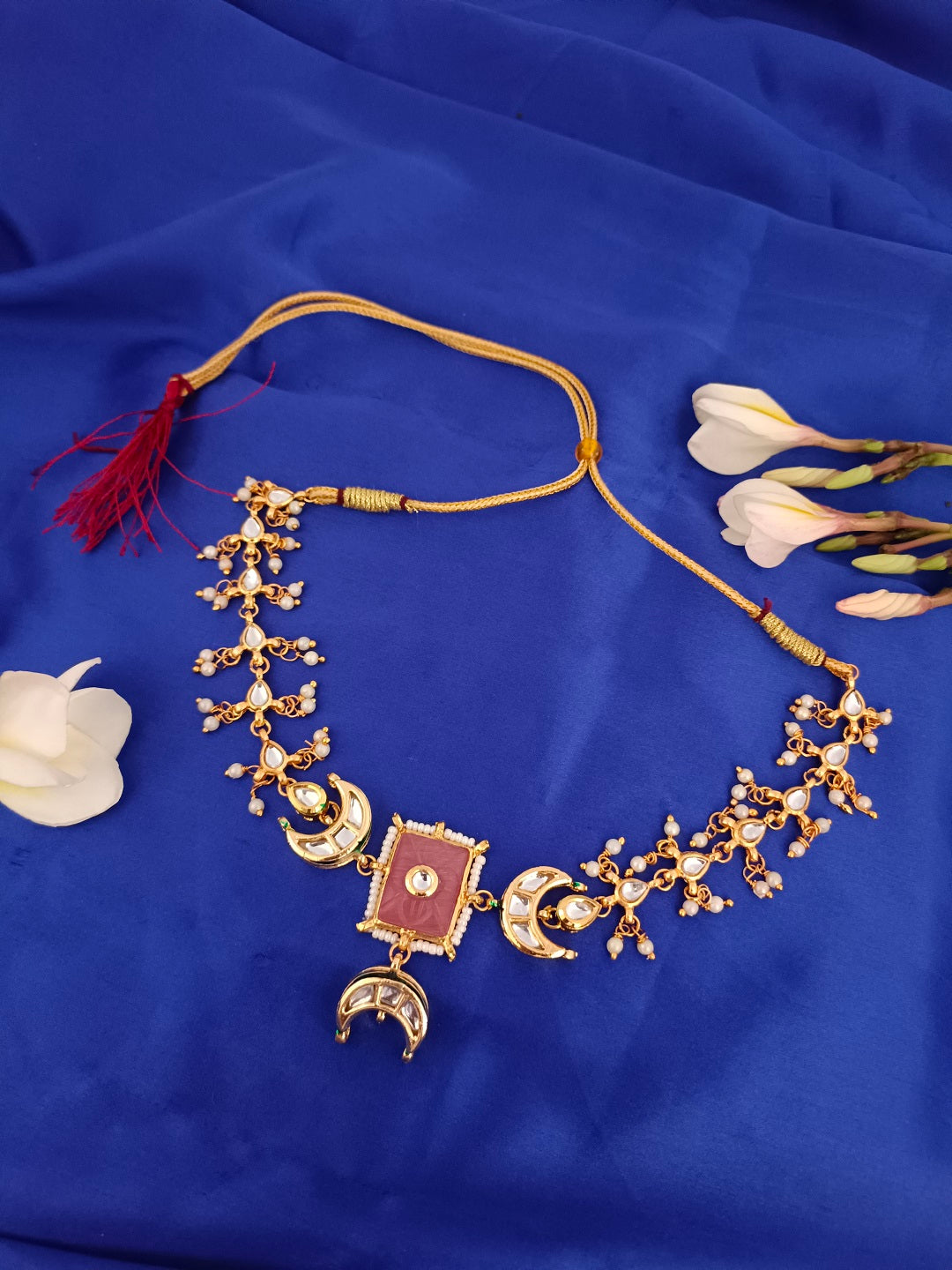 Sanjog Rajwadi Gold Plated Crescent Moon Kundan Choker Necklace with Pink Faux Stone and Pearl Drops