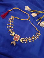 Sanjog Rajwadi Gold Plated Crescent Moon Kundan Choker Necklace with Pink Faux Stone and Pearl Drops