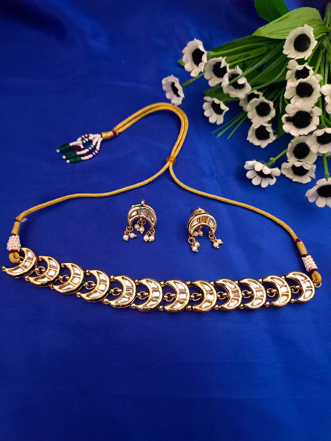 Sanjog Traditional Gold-Plated Kundan Crescent Choker Necklace Set with Earrings