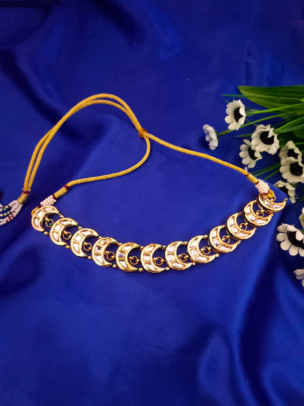 Sanjog Traditional Gold-Plated Crescent Moon Kundan Choker Necklace with Adjustable Dori