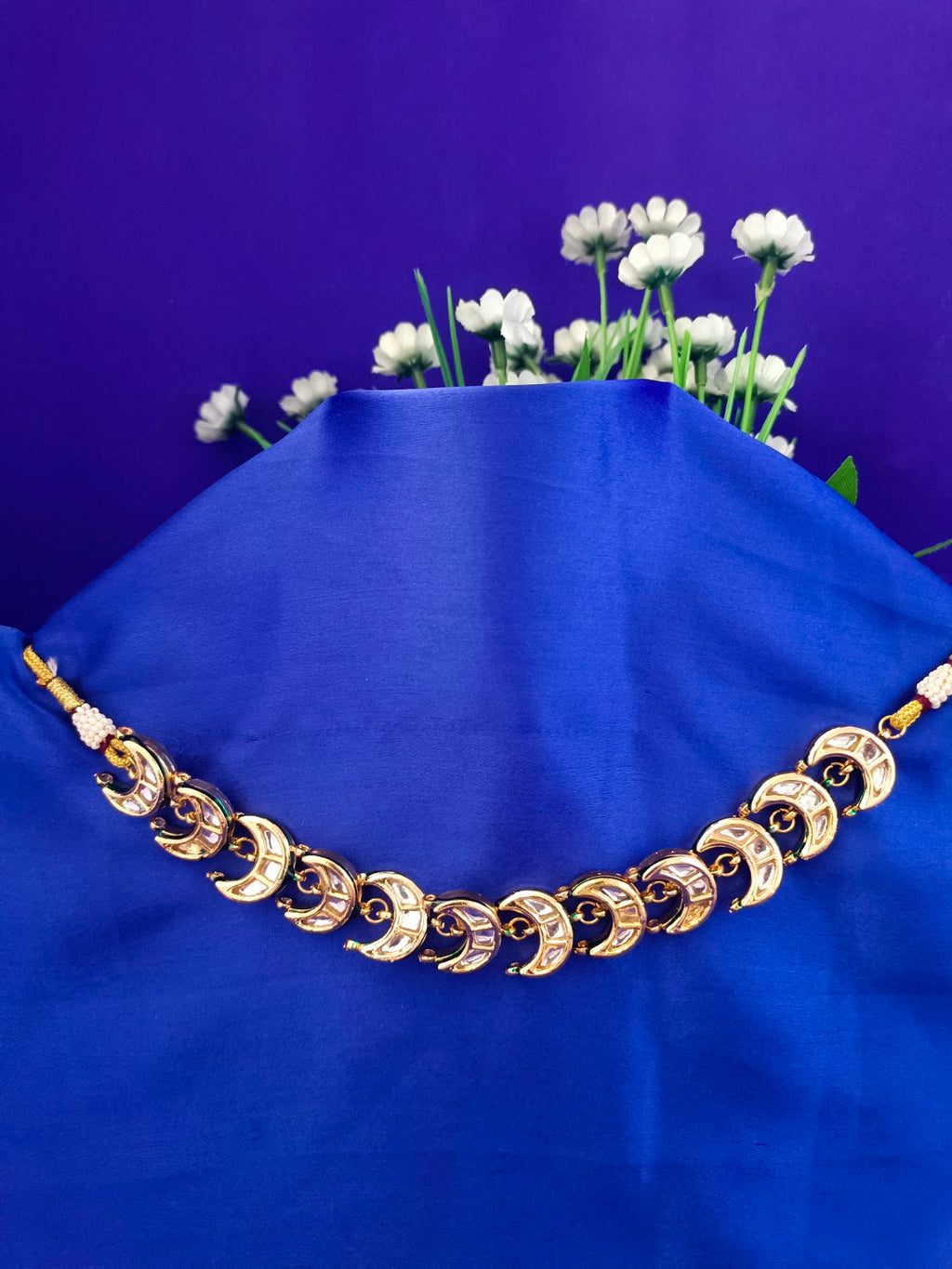 Sanjog Traditional Gold-Plated Crescent Moon Kundan Choker Necklace with Adjustable Dori