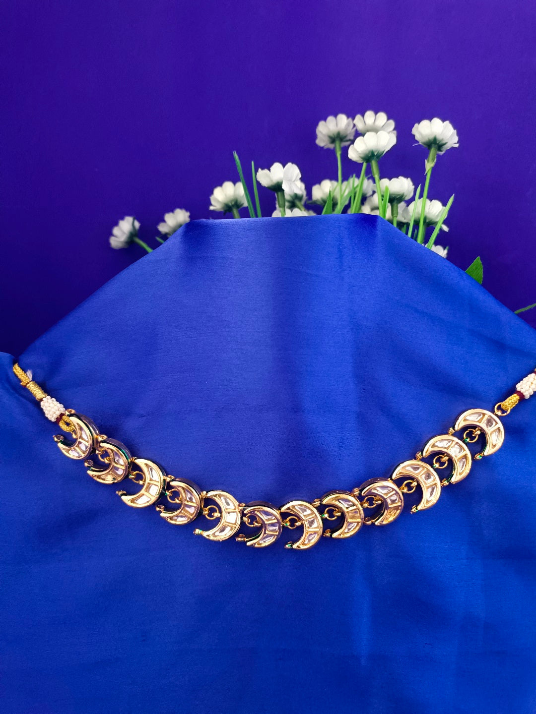 Sanjog Traditional Gold-Plated Crescent Moon Kundan Choker Necklace with Adjustable Dori