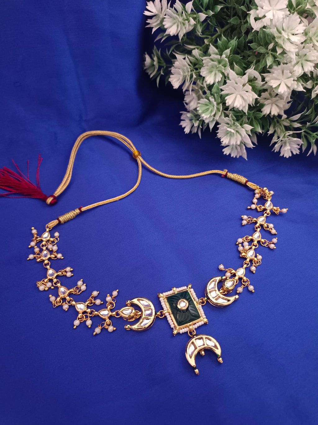 Sanjog Gold-Plated Kundan Crescent Moon Choker Necklace with Green Meenakari & Pearl Drops
