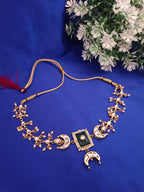 Sanjog Gold-Plated Kundan Crescent Moon Choker Necklace with Green Meenakari & Pearl Drops