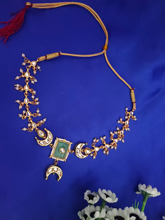 Sanjog Rajwadi Gold Plated Kundan Choker Necklace with Faux Gemstone, Crescent Moon Chaandbali Motifs, and Pearl Drops