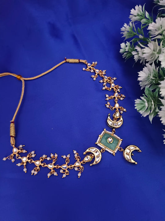 Sanjog Rajwadi Gold Plated Kundan Choker Necklace with Faux Gemstone, Crescent Moon Chaandbali Motifs, and Pearl Drops