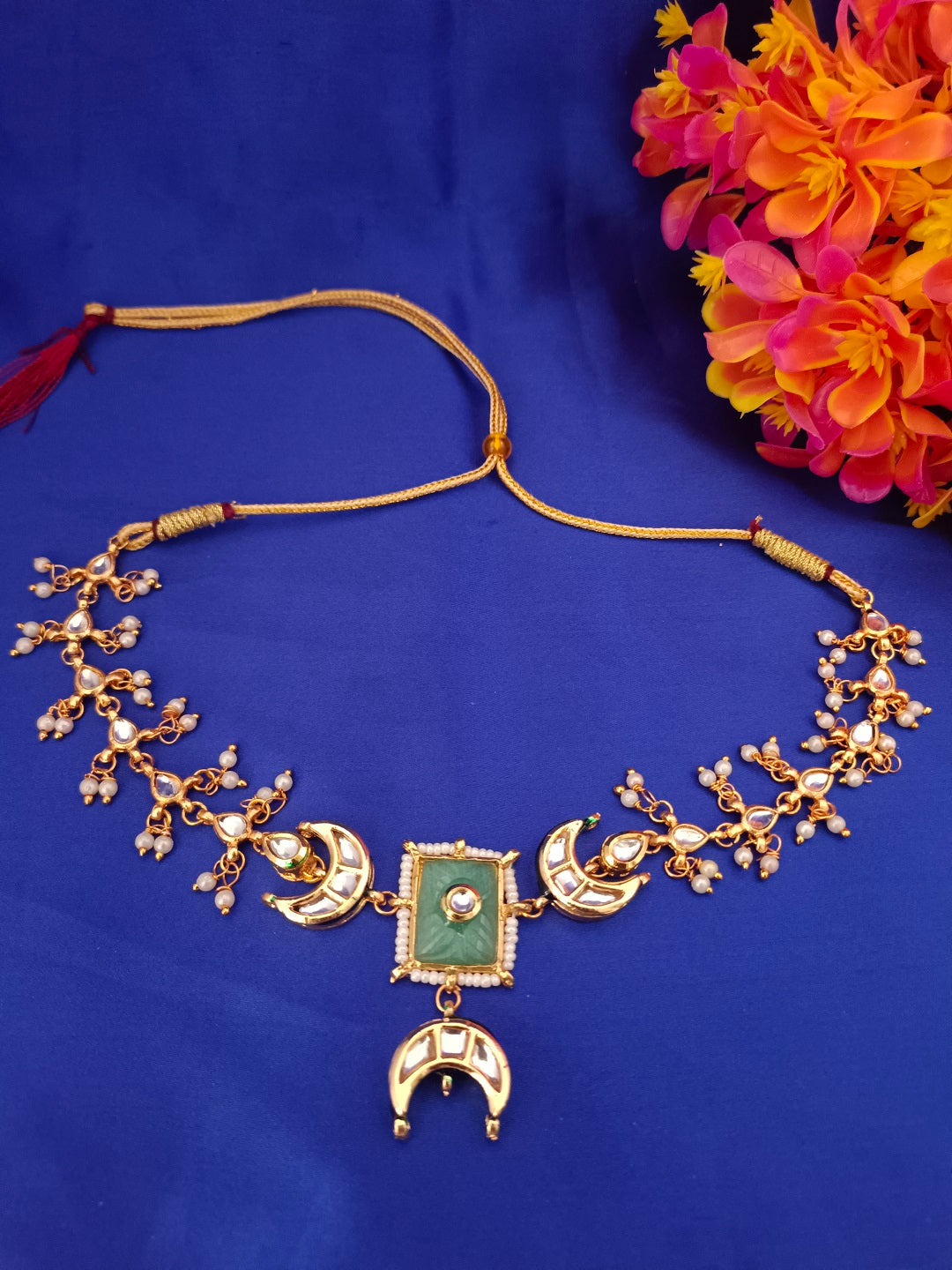Sanjog Rajwadi Gold Plated Kundan Choker Necklace with Faux Gemstone, Crescent Moon Chaandbali Motifs, and Pearl Drops