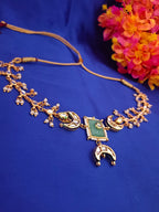 Sanjog Rajwadi Gold Plated Kundan Choker Necklace with Faux Gemstone, Crescent Moon Chaandbali Motifs, and Pearl Drops